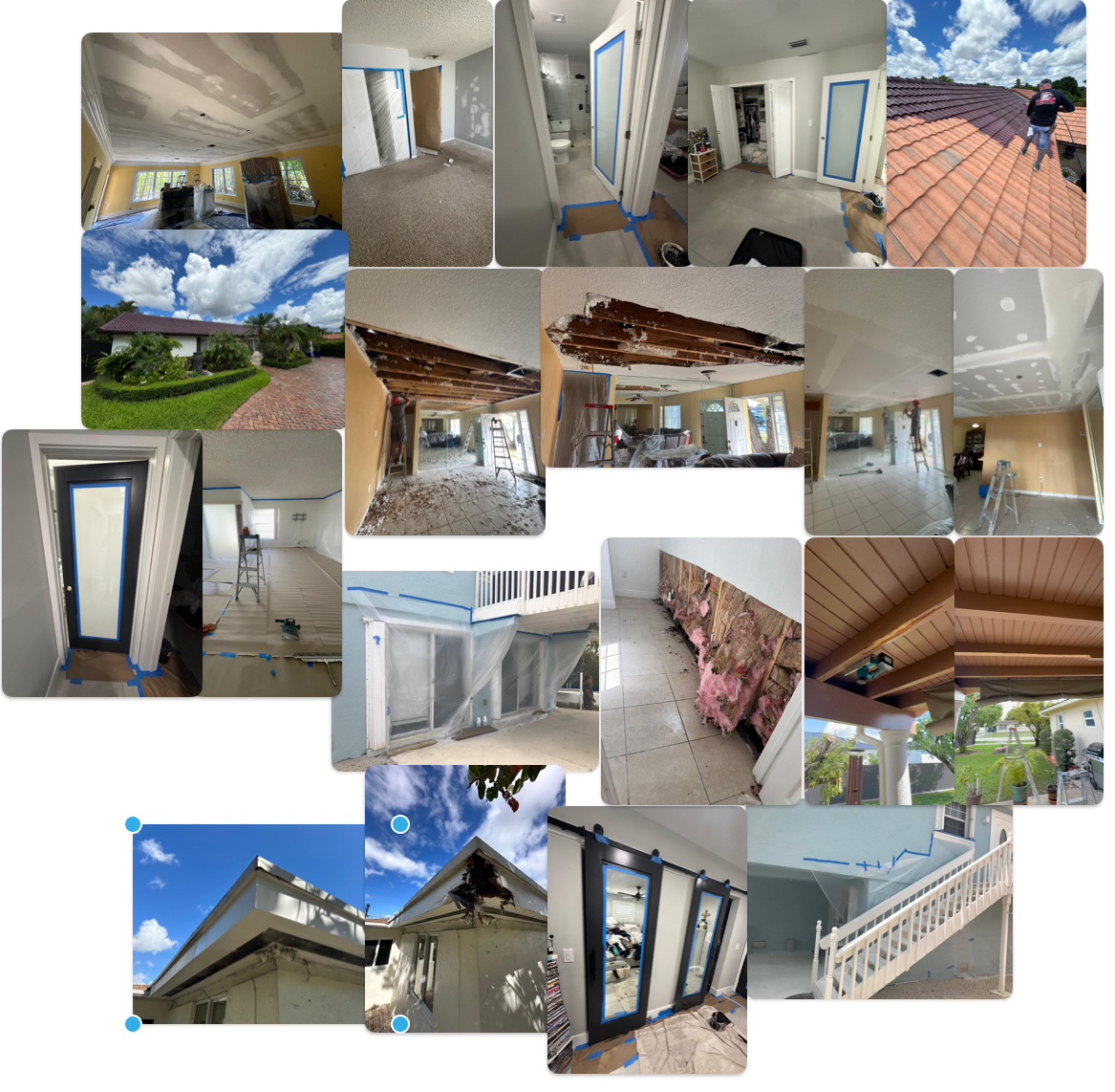 Collage of ceiling repairs, roofing, painting, and door installation projects in Miami